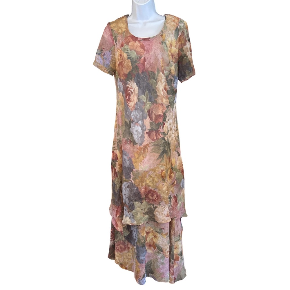 Michael Blair New York Vintage Floral Layered Midi Dress Short Sleeve Earth Tone